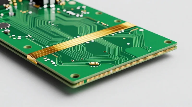 A close-up 3D view of a rigid-flex PCB showing the transition between rigid boards and flexible polyimide layers.