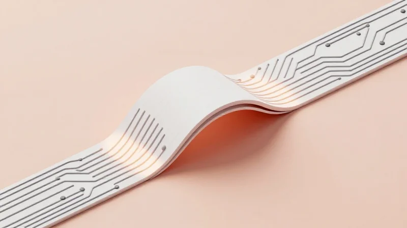 Abstract visualization of a flexible circuit bending over a curved surface showing mechanical stress distribution.