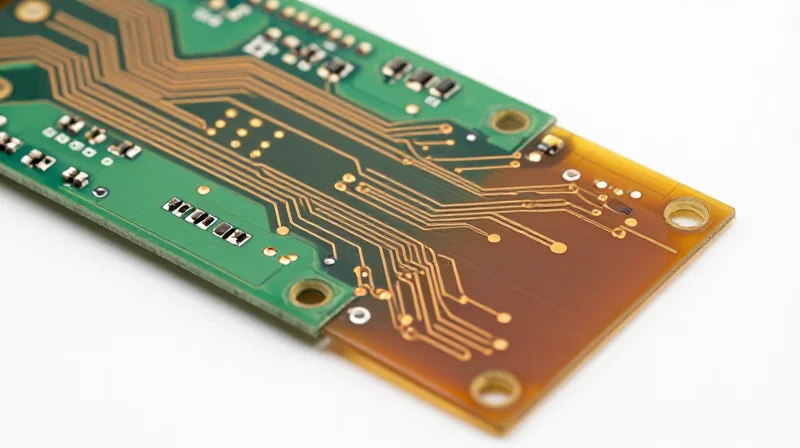 Close-up macro shot of the interface where a rigid board connects to a flexible section.