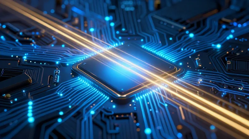 Abstract representation of high-speed electronic signals passing through a circuit interface.