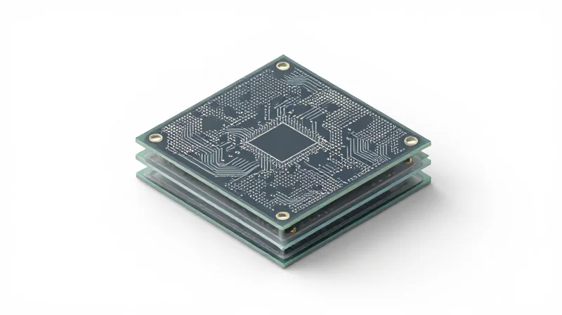 Isometric view of micro-vias and pads within a layered PCB structure.