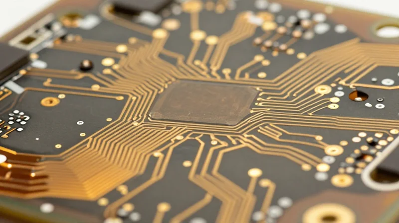 Macro view of rigid-flex PCB structure showing flexible polyimide layers and rigid sections.