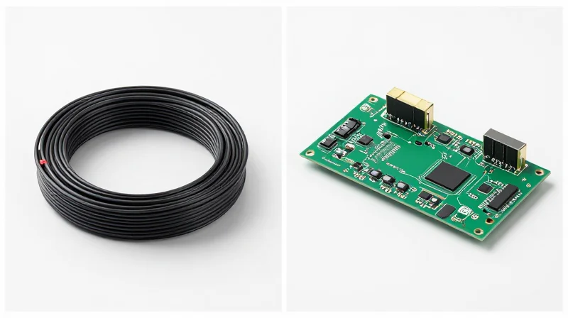 Visual comparison of traditional bulky cable interconnects versus streamlined high-precision rigid-flex circuit boards.