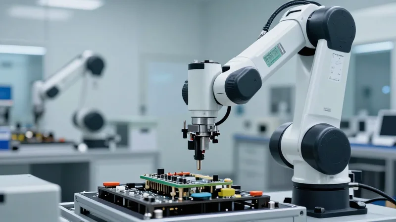 Concept of robotic precision assembly in a modern cleanroom environment.