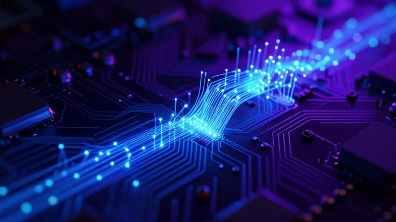 Abstract visualization of advanced dielectric materials and signal flow in high-speed circuits.