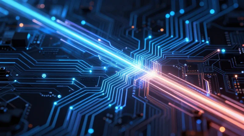 Abstract representation of high-speed data streams on a circuit board