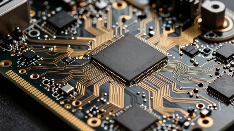A close-up view of a high-density interconnect PCB motherboard for VR devices