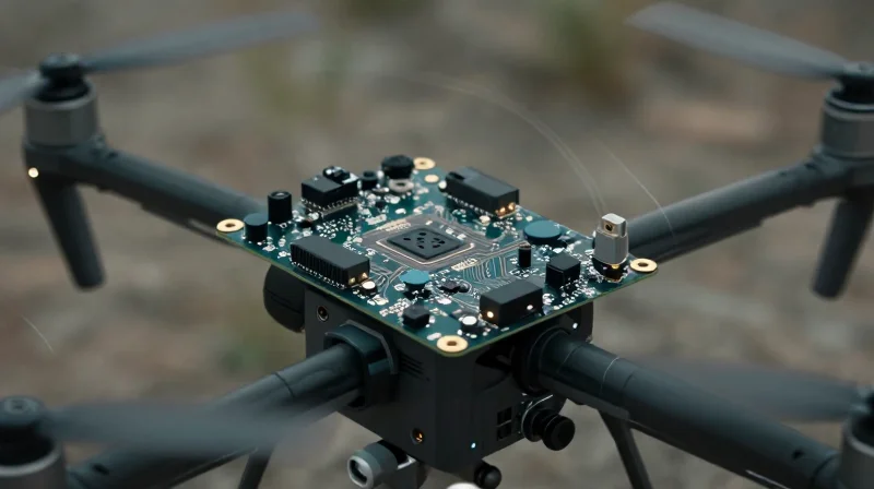 A close-up of a drone flight controller module showing stress patterns and mechanical vibrations