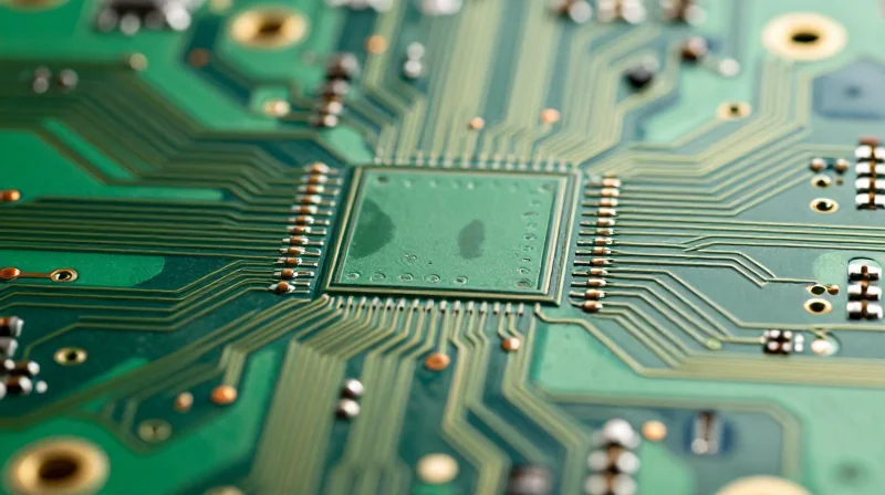 Close up macro view of high-quality gold and copper traces on a circuit board