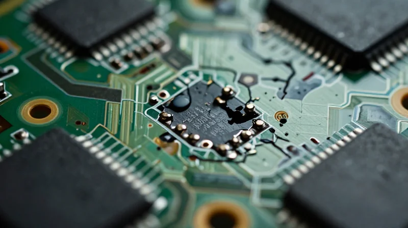 Close-up of a damaged circuit board showing microscopic cracks due to high-frequency mechanical stress