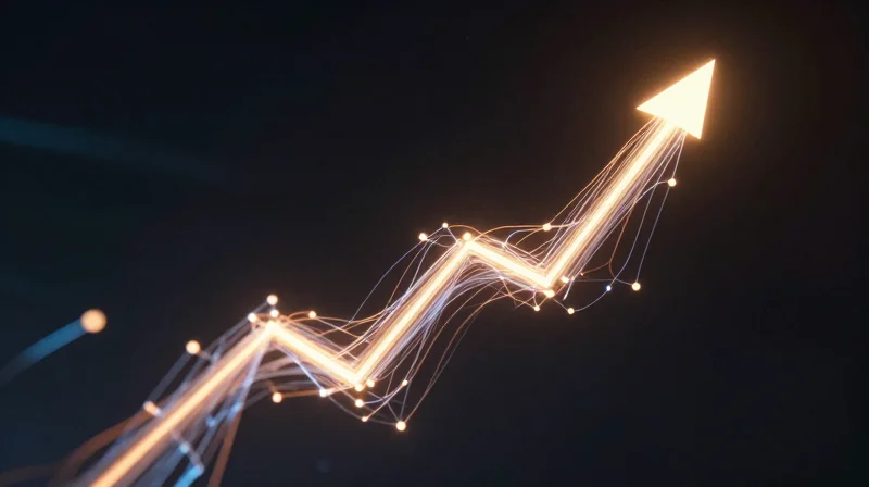 Abstract visualization of rising efficiency and cost savings with glowing light trails