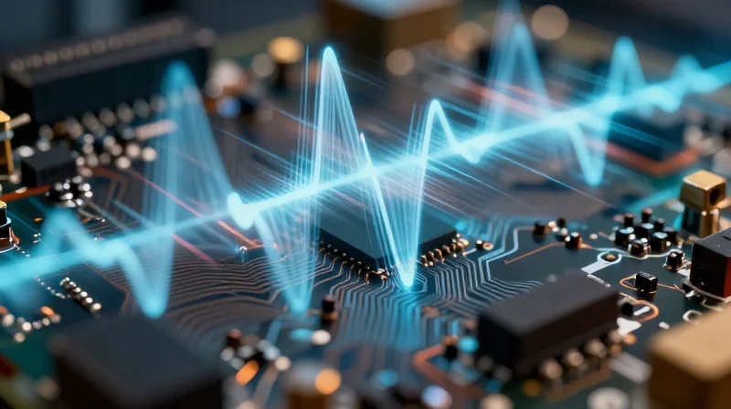 Abstract representation of high-frequency vibration effects on an electronic circuit board