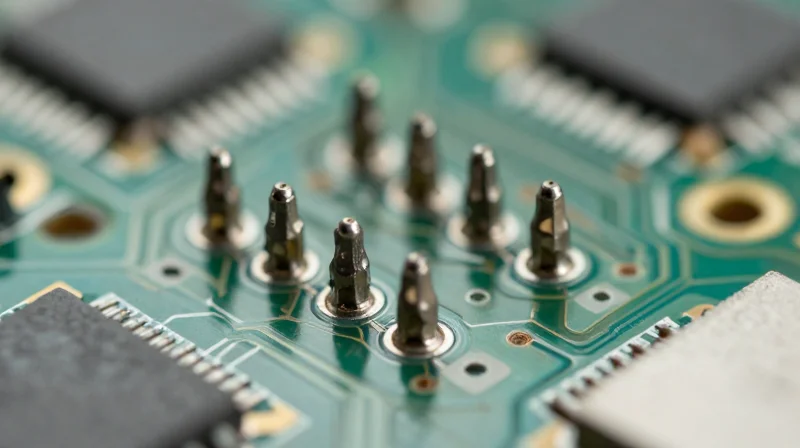 Macro close-up view of solder joints on a PCB