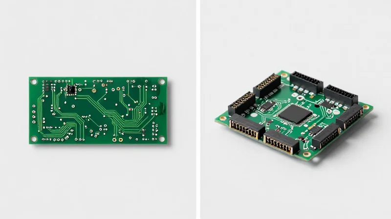 Side-by-side comparison of a rigid-flex board and a connector-heavy board