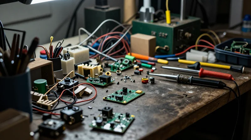 A cluttered workshop table with disorganized electronic components and messy cables, illustrating the chaos of inefficient internal prototyping.