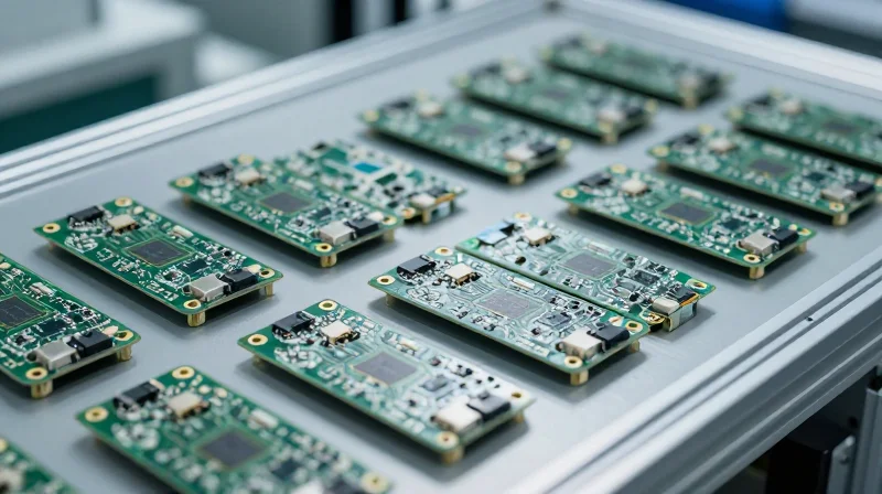 A clean, modern professional circuit board assembly line showing precision and organization.