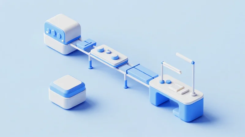 Isometric 3D representation showing a transition from a small laboratory device to a scaled-up product.