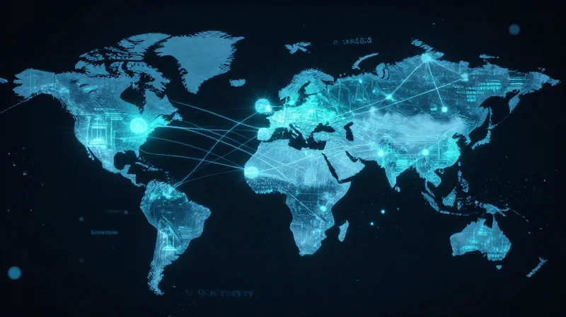 Abstract representation of interconnected global supply networks with glowing nodes.