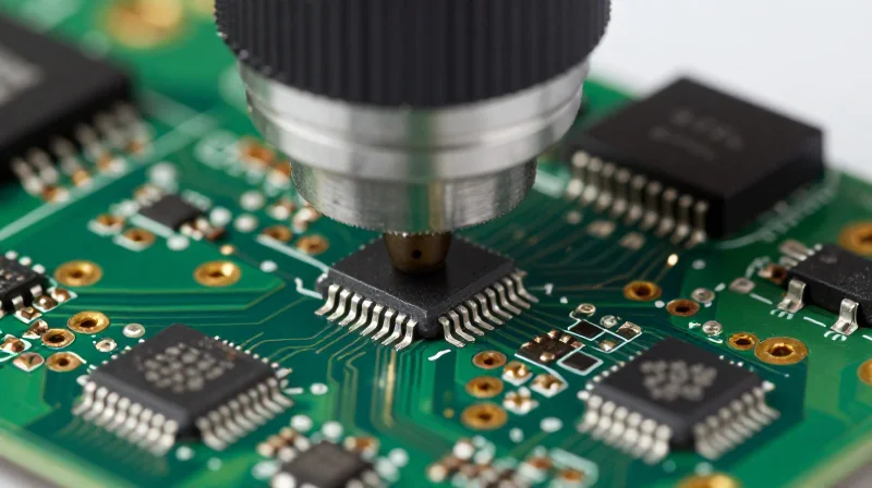 A magnifying glass inspecting the quality of a high-tech circuit board.
