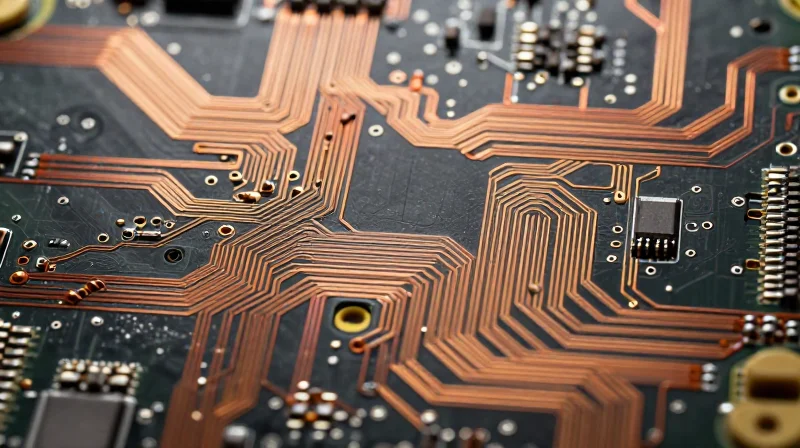 Close-up of precise copper trace routing on a dark substrate with via stitching