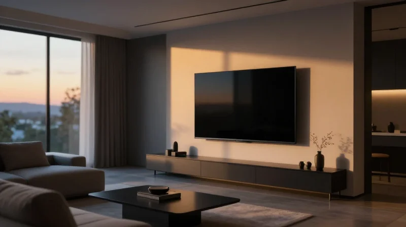 A modern smart home living room with adaptive lighting transitions from warm to cool tones.