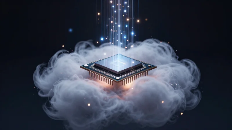Abstract representation of a smart lighting chip connecting directly to glowing data clouds.