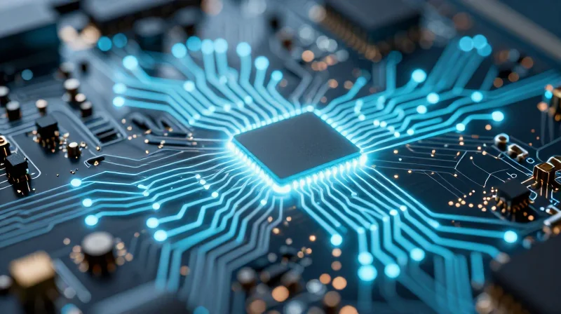 A close-up of a high-performance circuit board with glowing neural network pathways