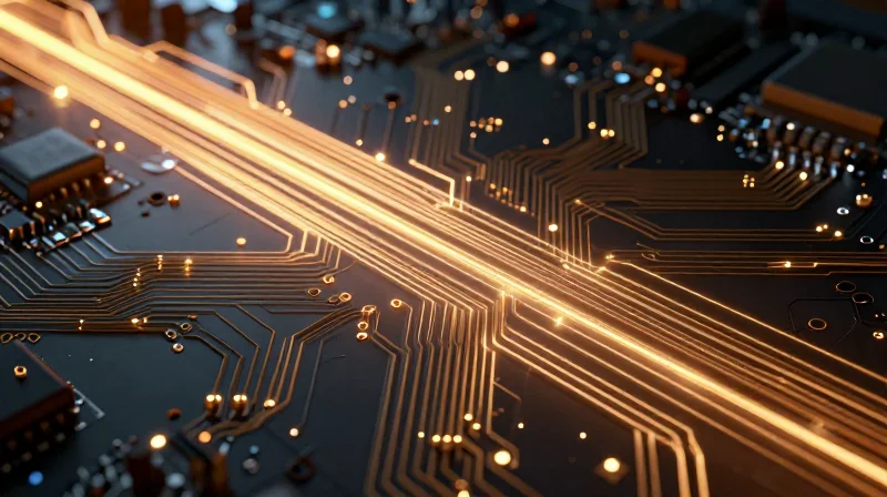 Abstract visualization of high-speed data flow through microscopic circuitry
