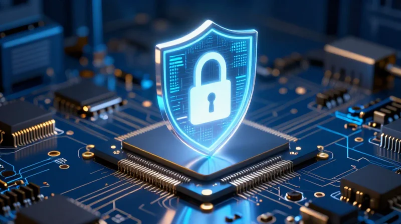 Conceptual representation of a digital padlock on a motherboard