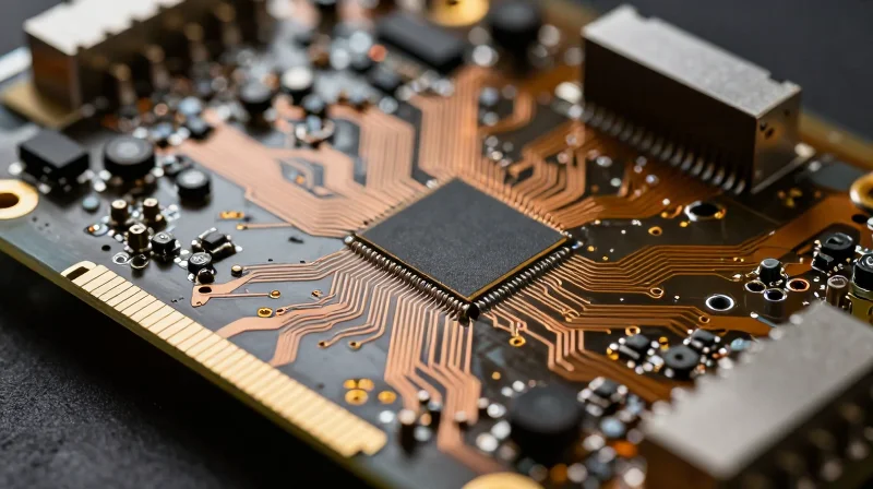 Close-up macro shot of a complex industrial PCBA board showing intricate circuits and high-quality electronic components.