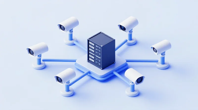Isometric view of a modern data-driven surveillance network with multiple cameras connected to a central server hub.