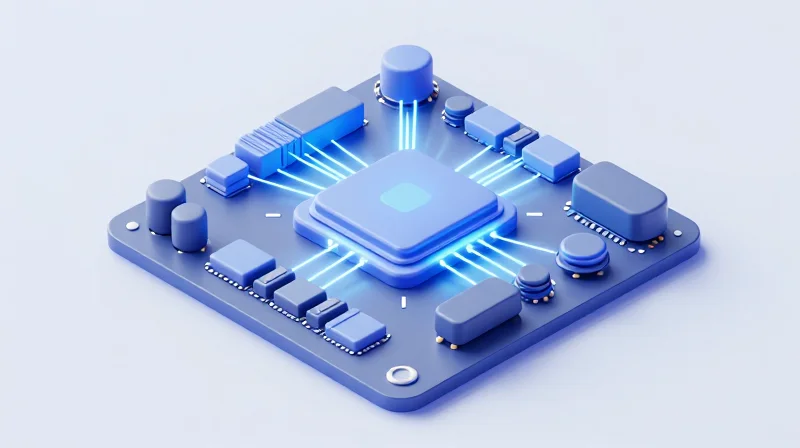 Isometric 3D model of a high-tech AI chip embedded on a circuit board with glowing data connections