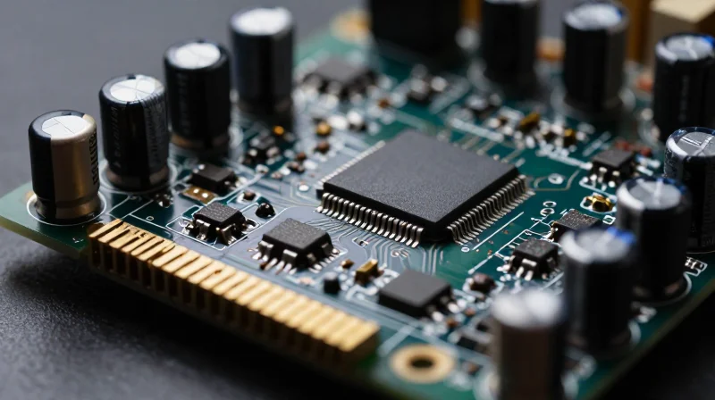 A high-fidelity printed circuit board assembly featuring intricate gold-plated traces and high-quality electronic components on a sleek dark background.