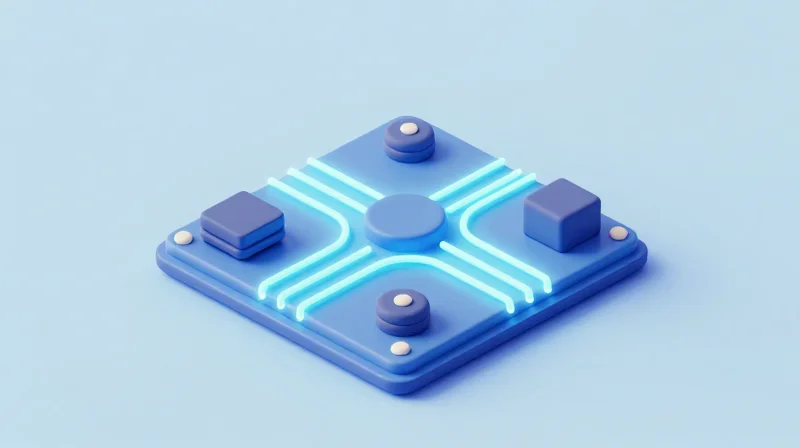 Isometric view of a power management module on a circuit board, representing energy efficiency.