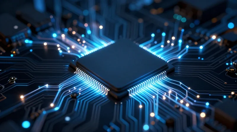 A high-tech digital processor chip sitting on a motherboard, surrounded by glowing connectivity nodes.