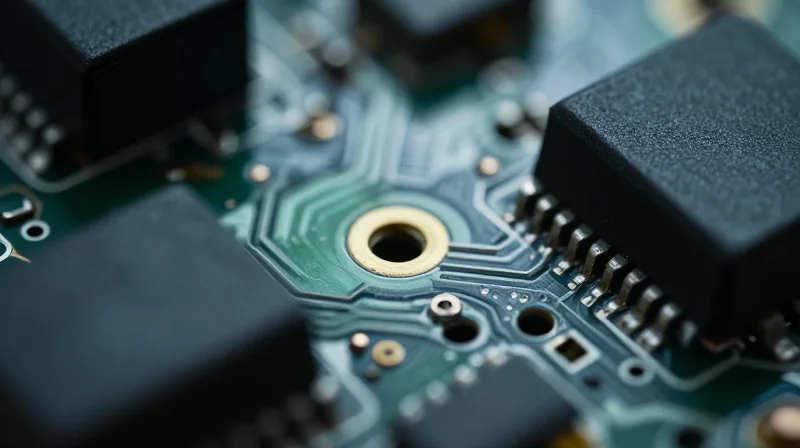 A close-up view of a faulty circuit board showing a micro-fractured solder joint, representing potential manufacturing defects in audio equipment.