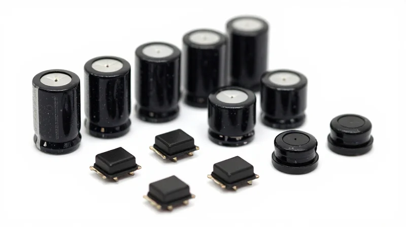 A clean, studio-lit shot of high-quality electronic components like capacitors and resistors on a white surface.