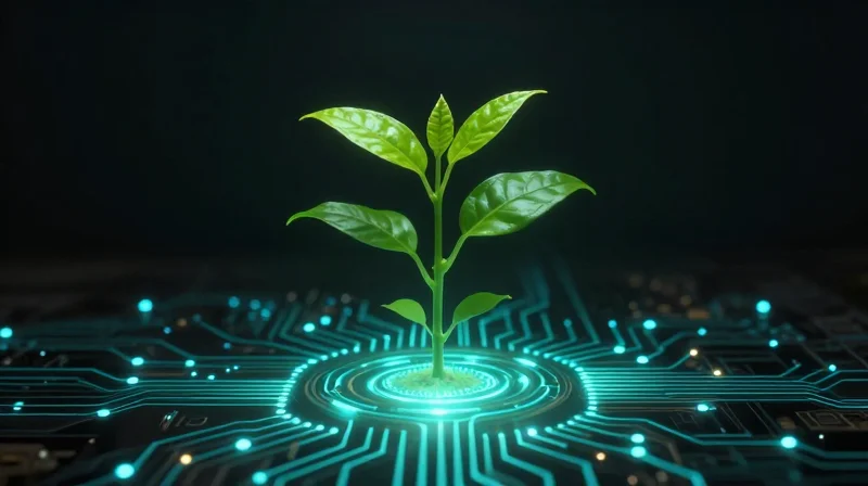 A conceptual illustration of a plant growing from a circuit-shaped structure, symbolizing growth and reliability.