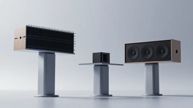 A 3D abstract visualization showing three balance scales representing thermal dissipation, physical size, and audio performance.