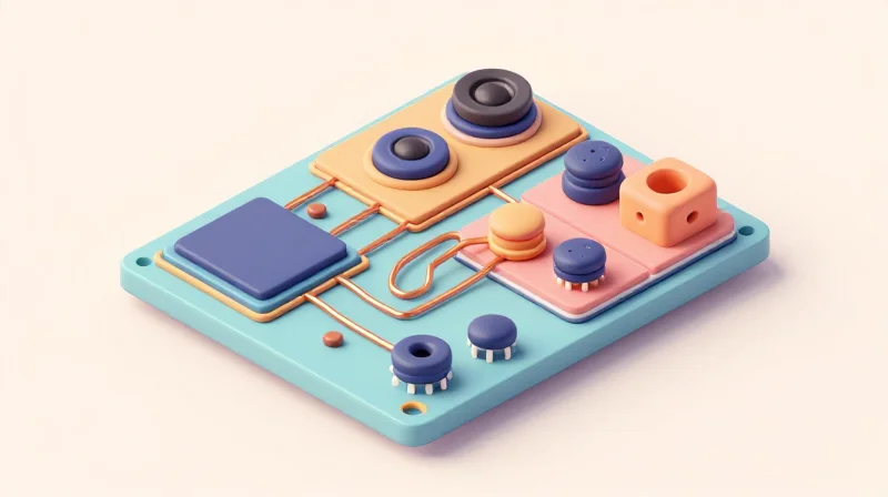 An isometric view of a printed circuit board with distinct modular sections for analog and digital components.