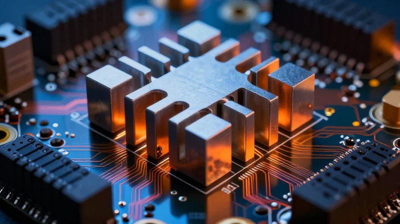 Top-down view of a PCBA showing heat dissipation vias and copper heat spreading zones.