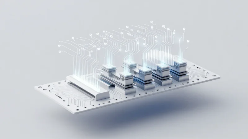 Abstract representation of transitioning a digital circuit board design into a mechanical manufacturing line.