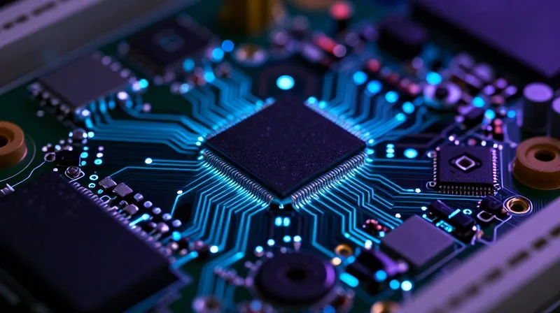 A close-up view of an electronic component being tested with heat sensing technology.