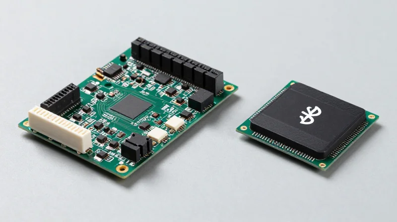 A comparison showing a bulky vintage audio circuit board next to a compact, modern integrated Bluetooth 5.3 PCBA module on a clean workspace.