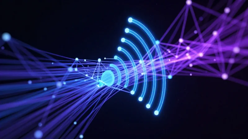 Abstract visualization of wireless data connectivity with glowing nodes and lines representing stable Bluetooth 5.3 signals.