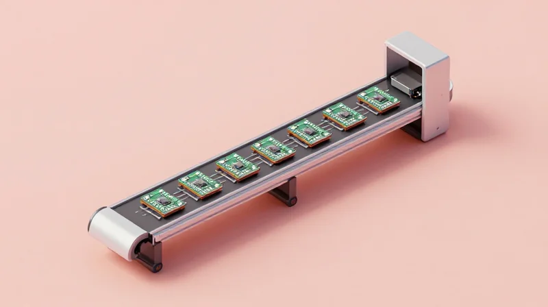 Isometric view of a modern electronics assembly line showing compact chips being placed on circuit boards.