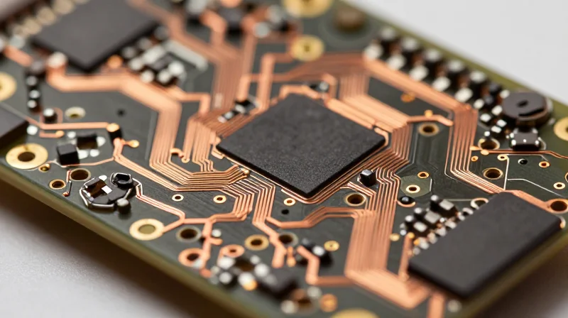 Close-up macro shot of a complex, multi-layer circuit board showing precise copper paths.