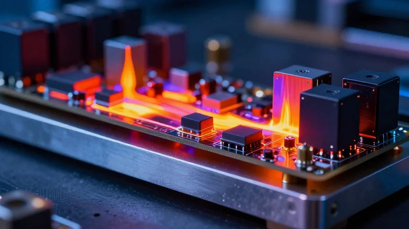 A cross-section illustration of an aluminum metal-core PCB showing effective heat dissipation from electronic components to the metal base