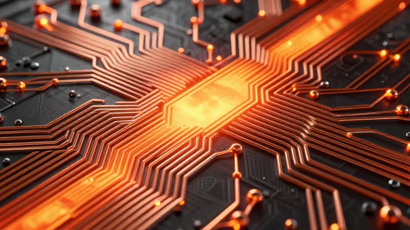 Conceptual 3D rendering of thick copper traces on a circuit board spreading heat