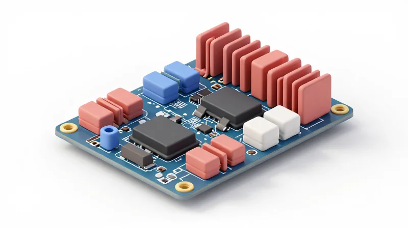 Isometric view of a complex motor controller circuit board with strategic heat sink placements